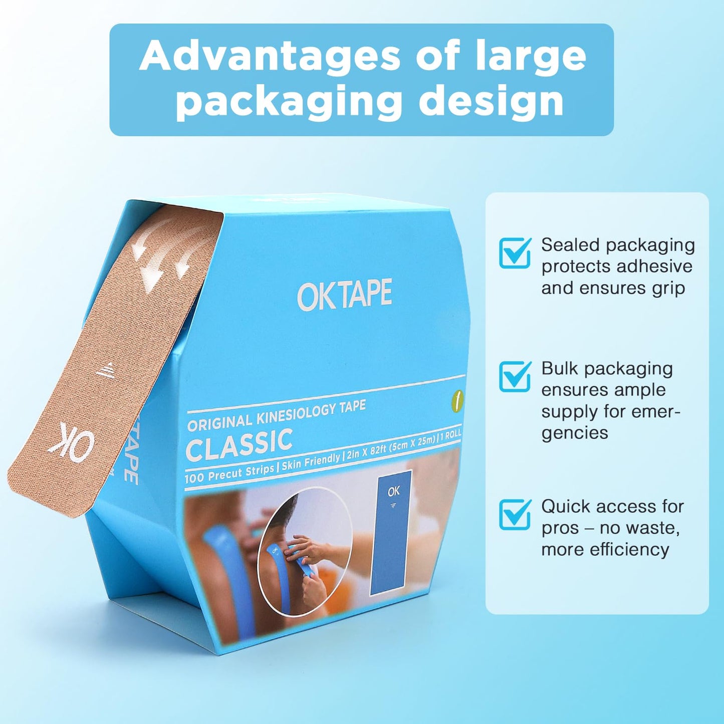OK TAPE Kinesiology Tape Pre Cut Strips Bulk (100 PCS),Elastic Cotton Latex Free Hypoallergenic Athletic Tape Roll for Muscle Joint Knee,Waterproof 2in×10in/PCS