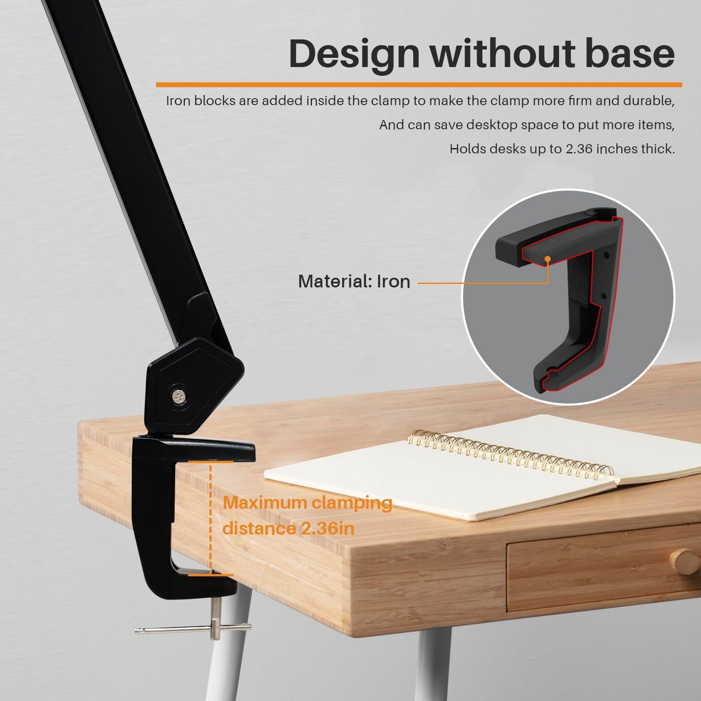 Bemelux LED Architect Desk Lamp, 2300 Lumens, Dimmable, Metal Swing Arm, 5 Color Temperatures, 30W, Ideal for Task Work, Drafting, Reading, Clamp-on Office Table Lamp with 360 Bright LEDs (Black, CCT)