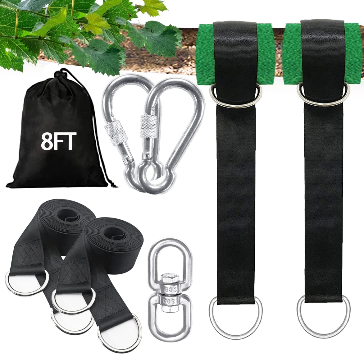 igolfluck Tree Swing Straps Hanging Kit 4FT/8FT/15FT/20FT/25FT, Extra Long Tree Swing Straps Holds 5500 lbs with Lock Carabiners & Tree Protectors, Safer for All Swing & Hammock (8FT)