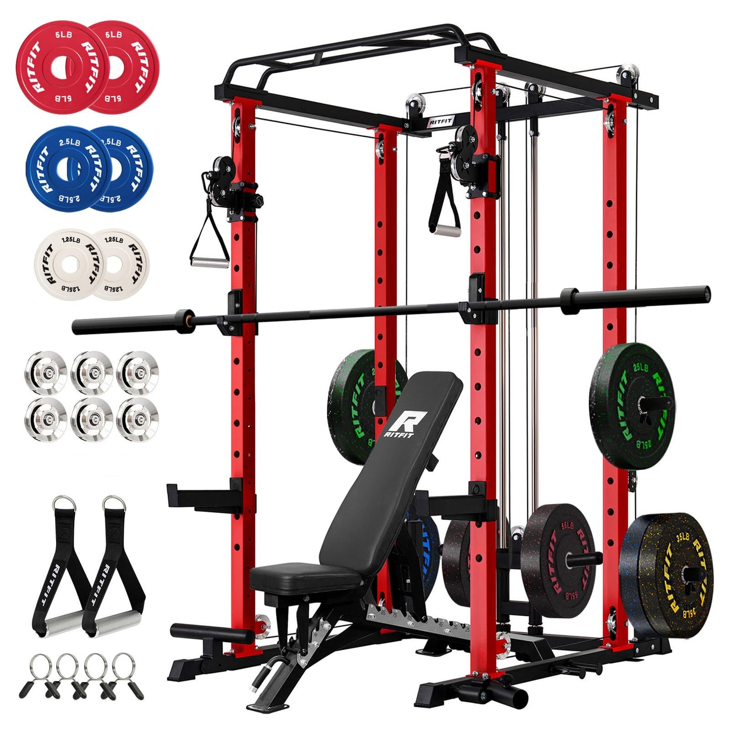 RitFit Squat Rack Power Cage Home Gym Package, Includes 1200LBS Power Rack with Cable Crossover System, Weight Bench, Weight Plate Set with Olympic Barbell (Package 2.0K (Bumper Plate 340LBS))-Orange