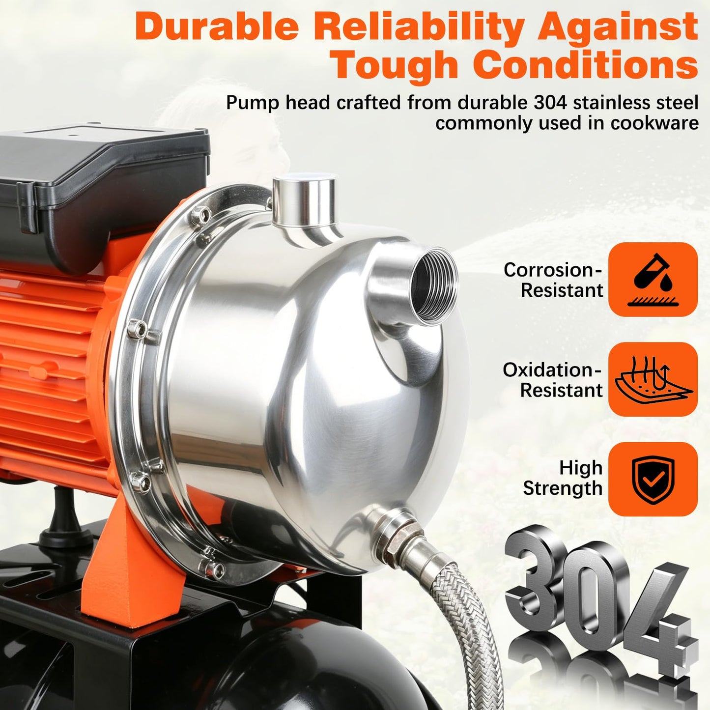 Ioboneed 1 HP Shallow Well Pump with Pressure Tank, 1000 GPH, Automatic Irrigation Water Booster Pump with 130 ft Head Lift 20/40 PSI Pressure Switch 304 Stainless Steel Pump Head for Home Garden Lawn