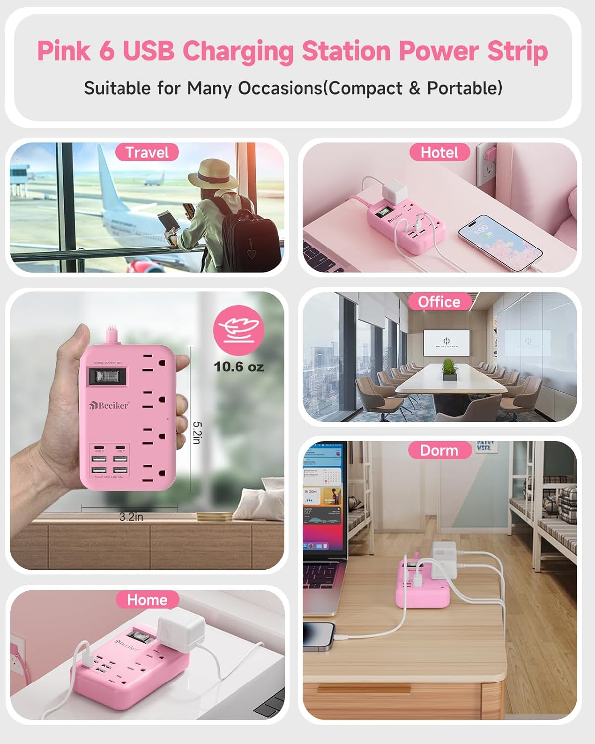 Beeiker 6 USB(2 5Ft 24W 4 USB C) Pink Extension Cord- Travel Power Strip with USB Charging Station and Outlets, Pink