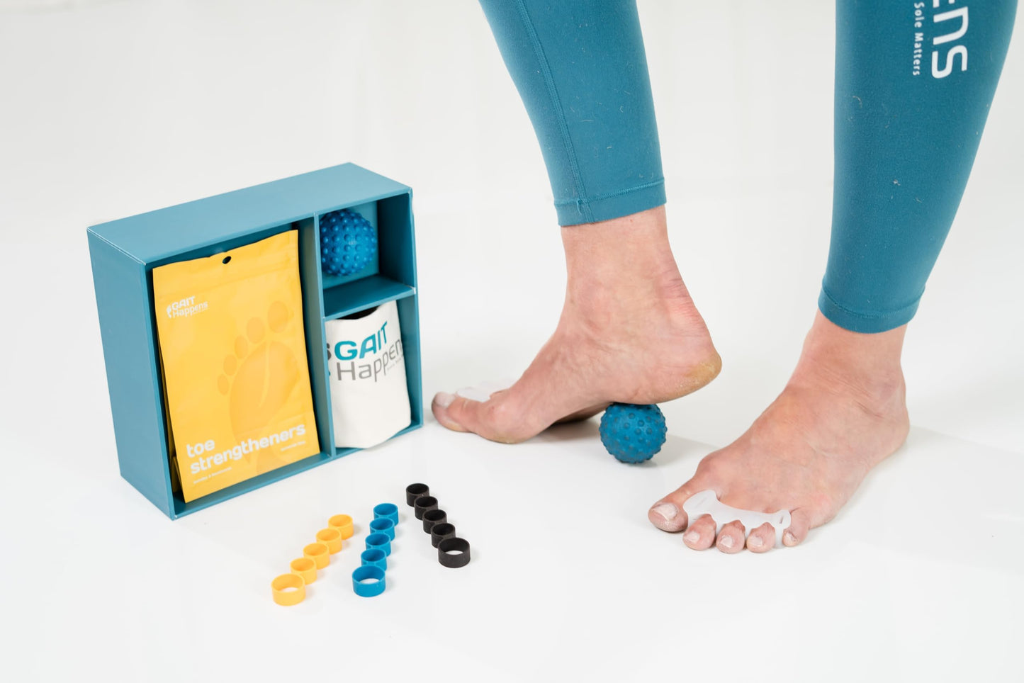 Gait Happens Foot Health Kit – Strengthen & Mobilize Your Feet. Includes: Toe Spacers, Toe Strengtheners, Massage Ball, Resistance Band and Carrying Bag