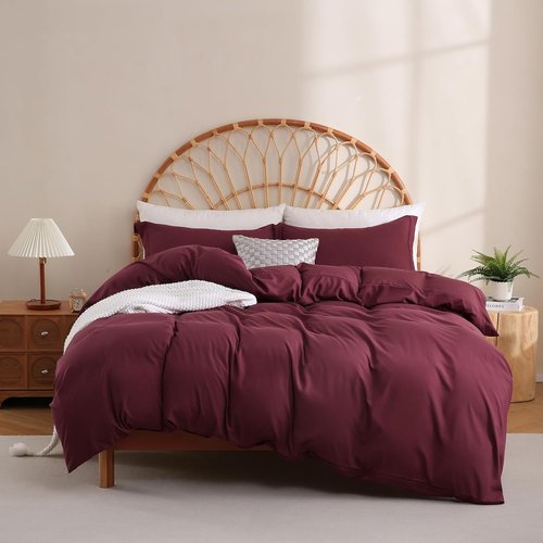 JSD Burgundy Duvet Cover Set - Soft Brushed Microfiber, 3-Piece Queen Size with Pillow Shams