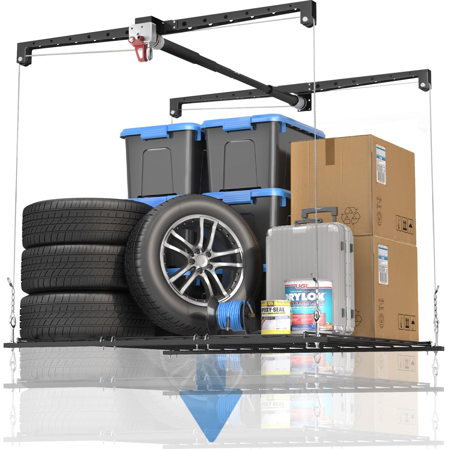 KOKORACKER Overhead Garage Storage Lift, Adjustable Heavy-duty 4x4 Ft Ceiling Racks with Safety Lock, Ideal for Storage Lifting Organization System, 250lbs Capacity