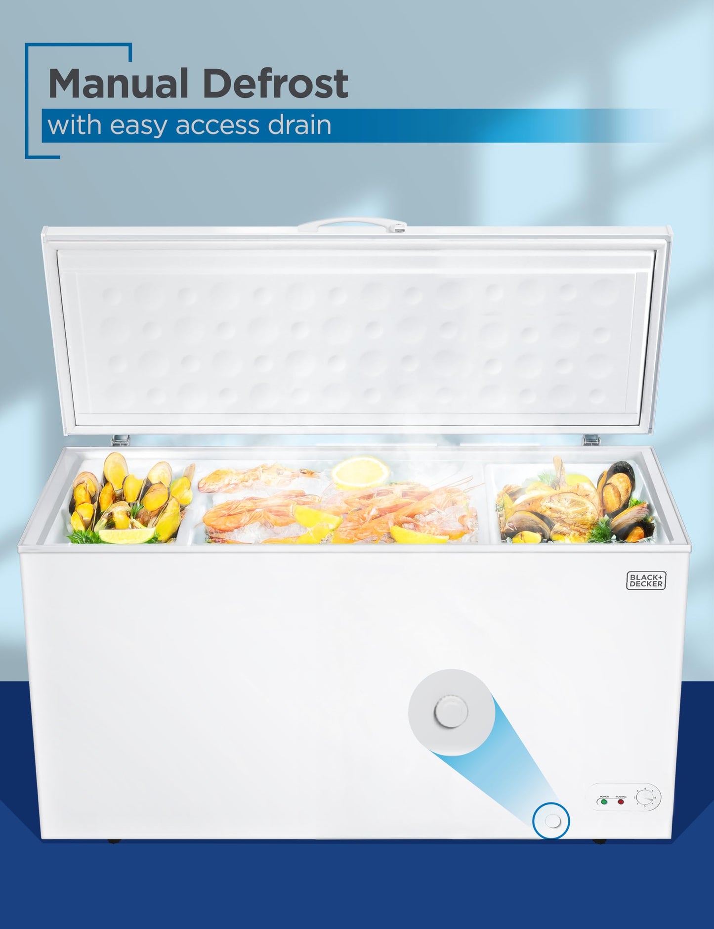 BLACK+DECKER 16.2 Cu. Ft. Chest Freezer, Deep Freezer with Top Opening, Freezer Chest with 2 Removable Storage Baskets, Mechanical Temperature Control, Manual Defrost,R600a Refrigerant, BCF1620E,White