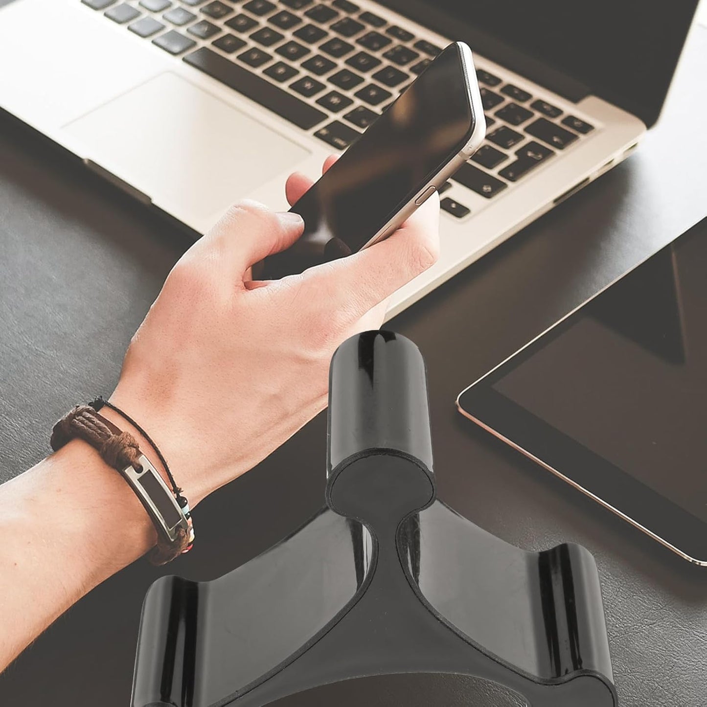 AGFELO Triangle Desktop Phone Holder Stand for Cellphone and Tablet, Black Triangular Desk Mount Rack for Mobile