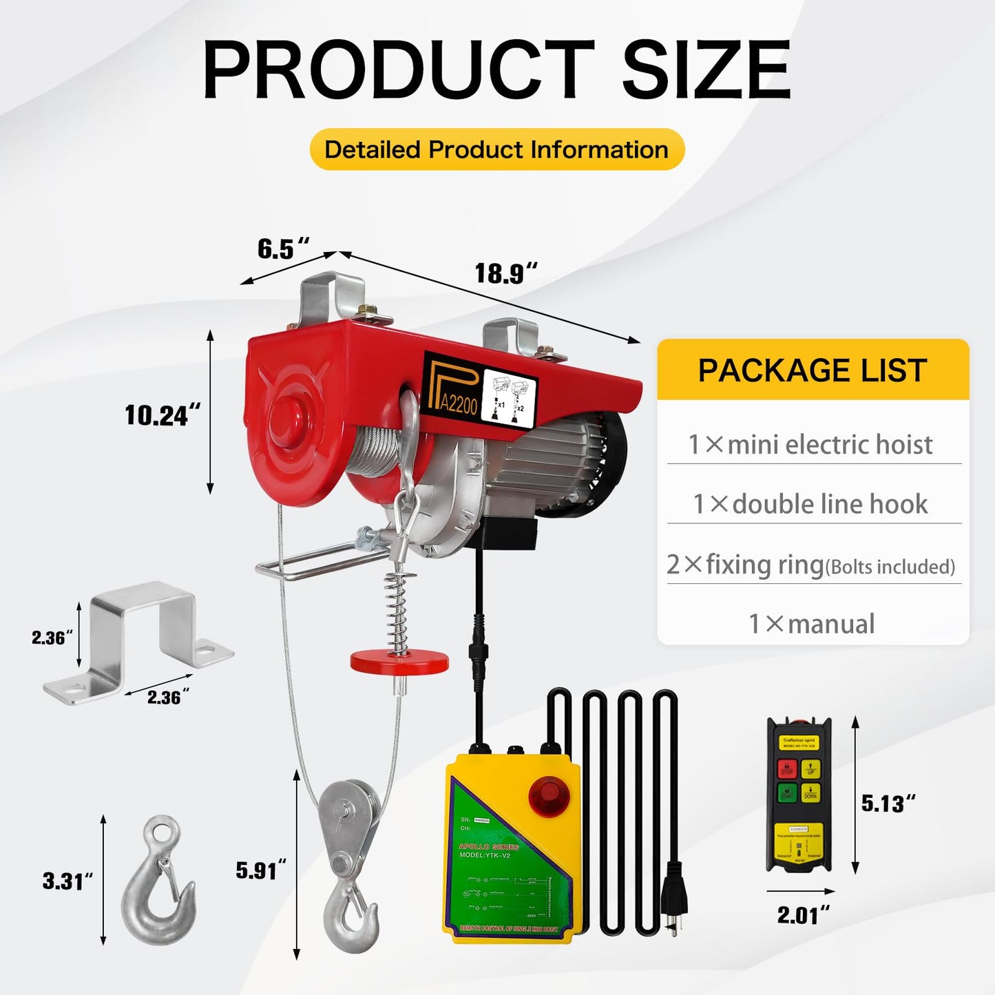 FITHOIST Electri Hoist,2200lbs 110V Electric Steel Wire Winch with Wireless Remote Control,Electric Winch Single/Double Slings with Emergency Stop,for Garage, Warehouses, Factories