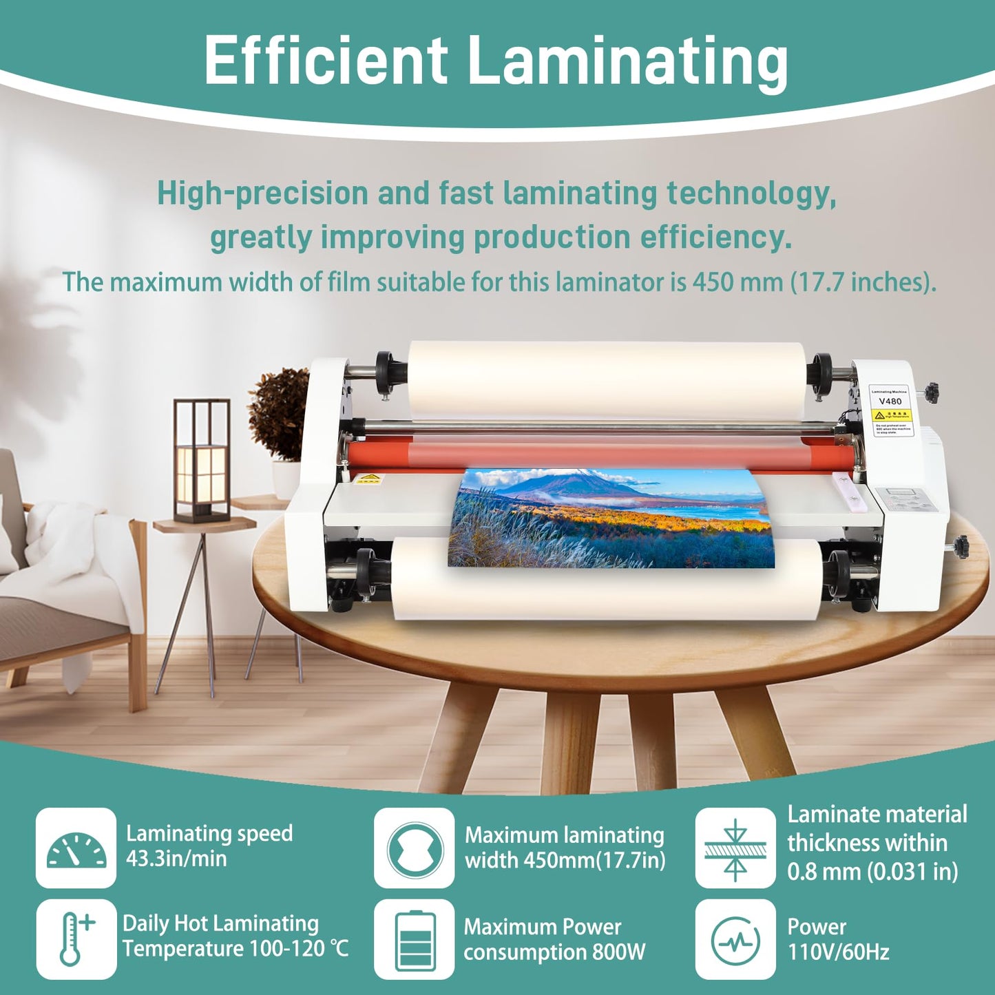 17.7inch Cold Hot Roll Laminator with 2 Rolls of Thermal Laminating Film (1 Inch Core, 0.8 mil,17.3in W×656ft L),V480 Laminating Machine, Single & Double-Sided Thermal Laminator,Digital Display, 110V