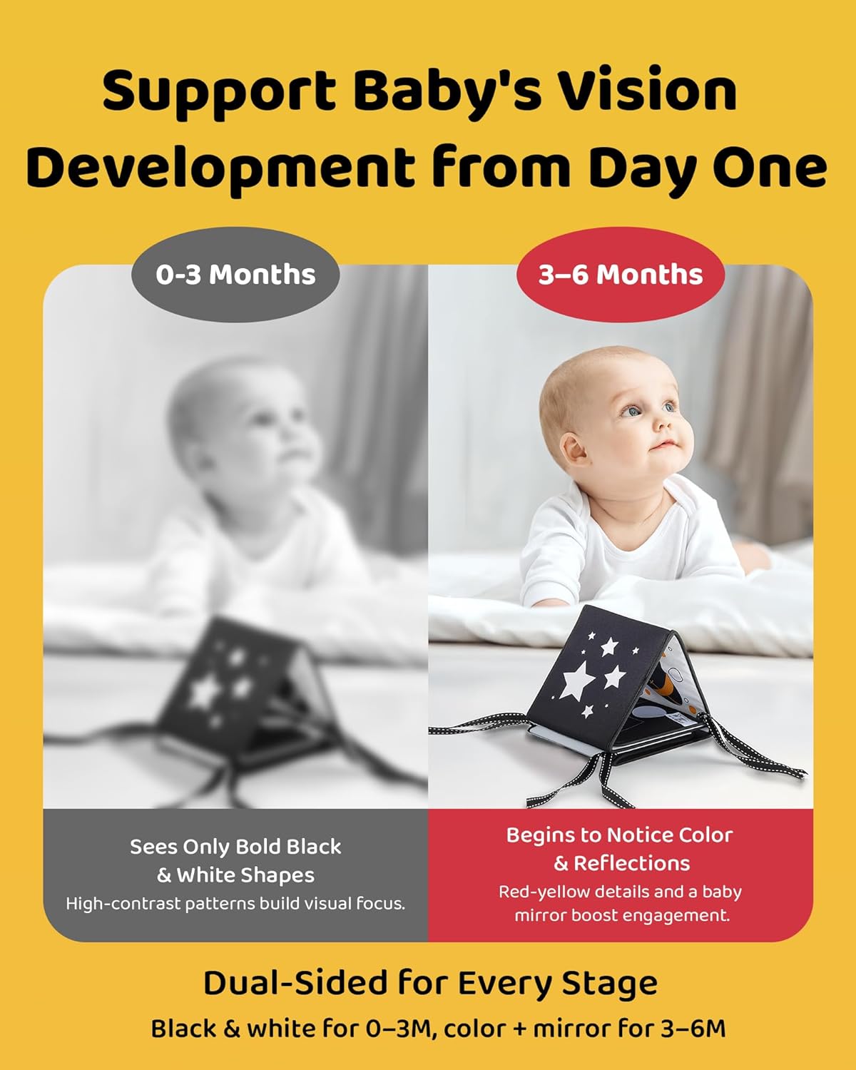 Skiennix Black and White Baby Books - Tummy Time Mirror & Soft Montessori Sensory Toy for Infants 0-6 Months