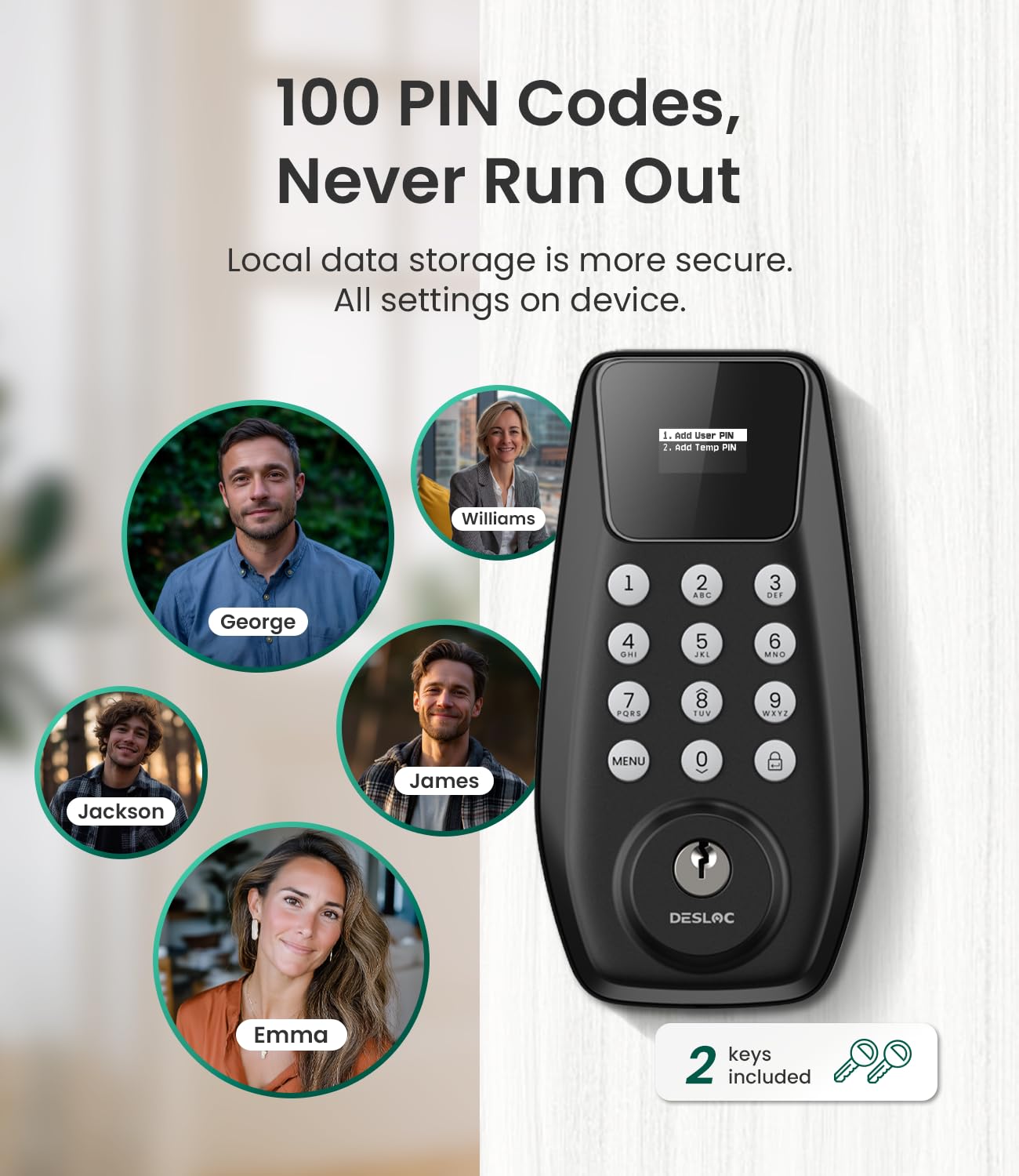 DESLOC C100 Keyless Entry Door Lock with Visual Display, 100 Customizable User Codes and 4 One-Pass Code, Door Locks for Front Door with 2 Keys,12 Months Battery, IP54, BHMA Grade 3, Auto Lock, Black