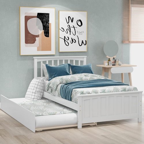 LostCat Twin Size Bed Frame - Trundle & Headboard, Solid Pinewood, No Box Spring Needed, White