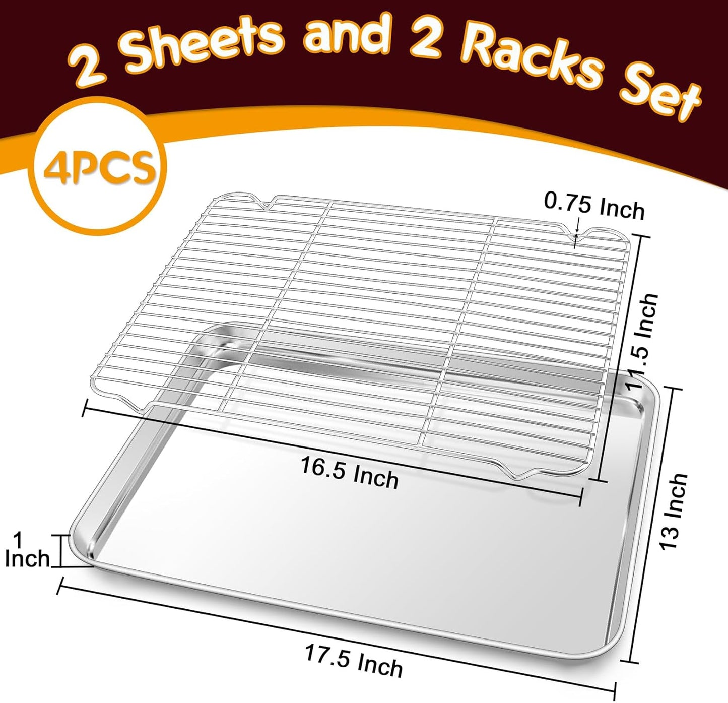 P&P CHEF 17.5 Inch Stainless Steel Baking Sheet Set - 2 Pans & Racks for Cookies | Oven & Dishwasher Safe