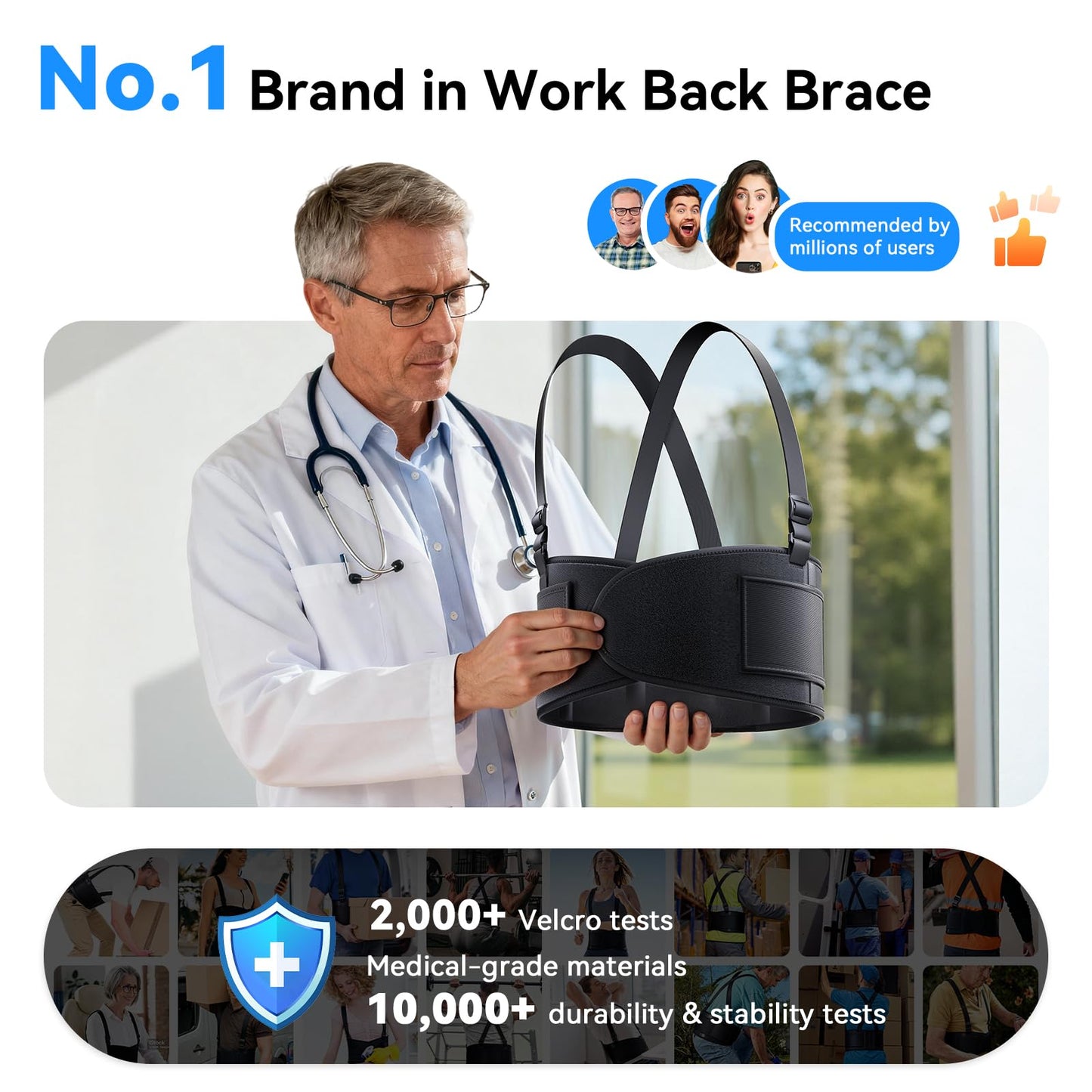SOLOEVER Work Back Brace for Men & Women, Adjustable Lower Back Support Belt for Sciatica, Herniated Disc, Pain Relief, Moving Construction Warehouse Heavy Lifting Safety & Protection (Black, Large)