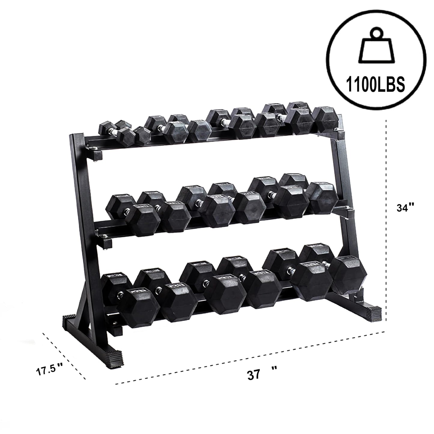 JDGG Dumbbell Rack Adjustable 3-Tier Weight Stand for Home Gym, 1100LB Capacity Heavy Duty Weight Storage Rack for Dumbbells, Kettlebells