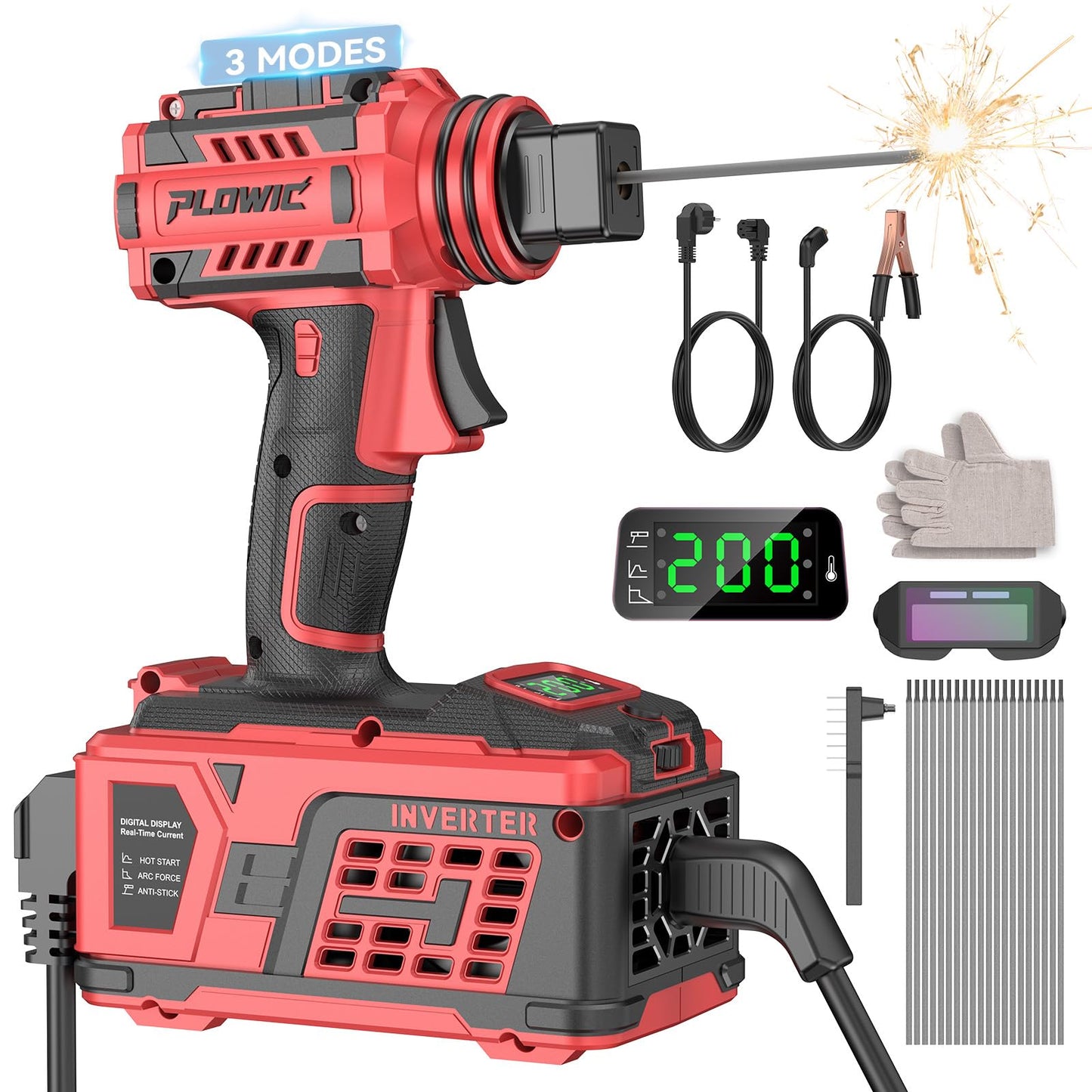 PLOWIC Portable Welding Machine:【2026 Upgraded】110V Handheld Welder with Balanced Design, LCD Display & 3 Modes (MMA/Hot Start/Arc Force), 200A IGBT Inverter ARC Welder Gun Fits 1/16"-1/8" Rods, Red