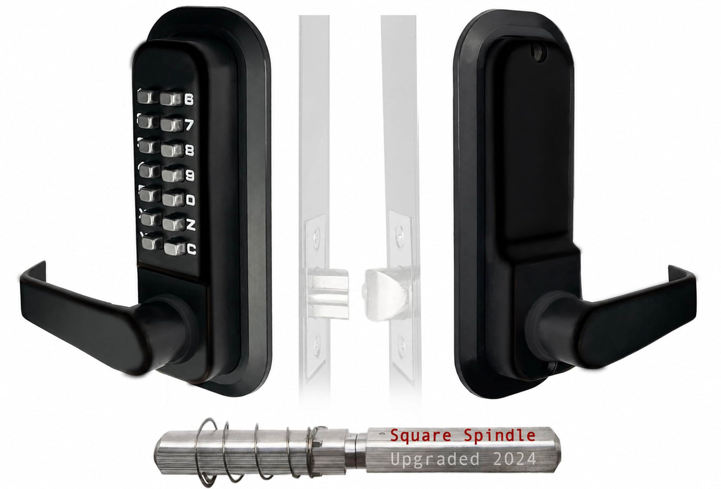 JOUNJIP Single-Sided Keyless Entry Door Lock - Bump Key Proof Mechanical Door Lock with Lever Handle - [Square Spindle] Easier Install - (Matte Black) - Outdoor Gate Lock with Keypad and Passage Mode