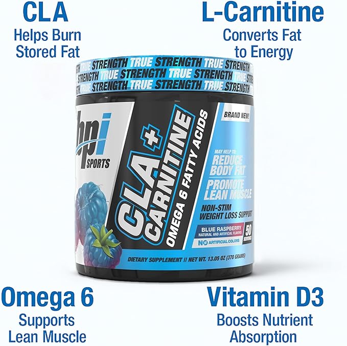BPI Sports CLA+Carnitine ??CLA L Carnitine & Linoleic Acid ??L Carnitine Supplement for Weight Loss, Metabolism & Lean Muscle ??Caffeine Free ??Blue Raspberry ??50 Servings ??12.34 oz
