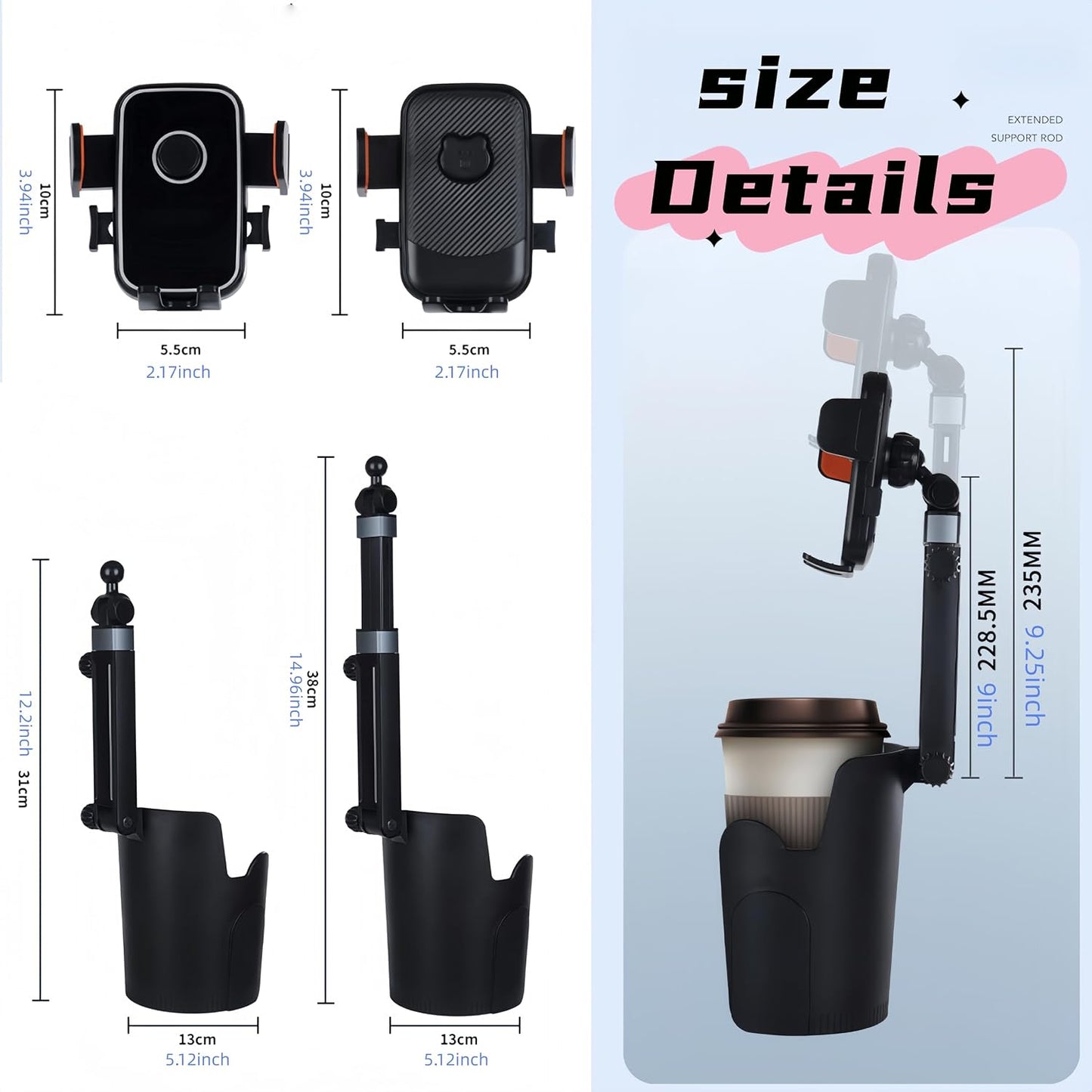 BNTTEAM 4.7-7.2 inch) Upgrade Universal Cup Car Mount Stand Bracket Height Adjustable for All Phone Fit All Car Display