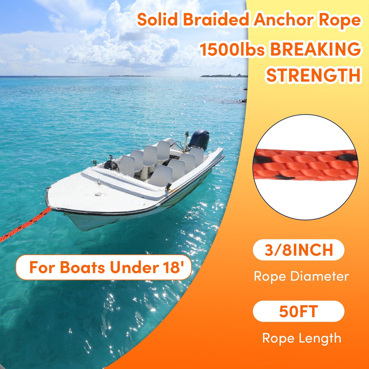BALAVA Anchor Rope 50FT x 3/8in,Premium Solid MFP Braided Anchor Rope Anchor Line,Boat Anchor Rope with Stainless Steel Thimble & Snap Hook,Boat Rore Marine Rope for Anchors and Boats (Orange/Black)