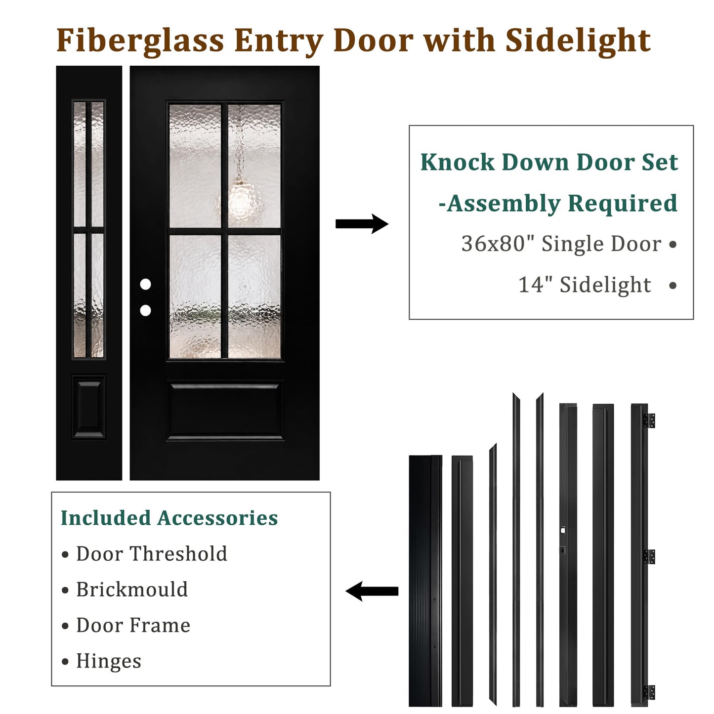 53x80in Fiberglass Front Door with 14in Sidelight, Black Exterior Entry Door for House, Right-Hand Inswing, Textured Finished with Hammered Glass Knock-Down Door, Vinyl Frame and Brickmould Included