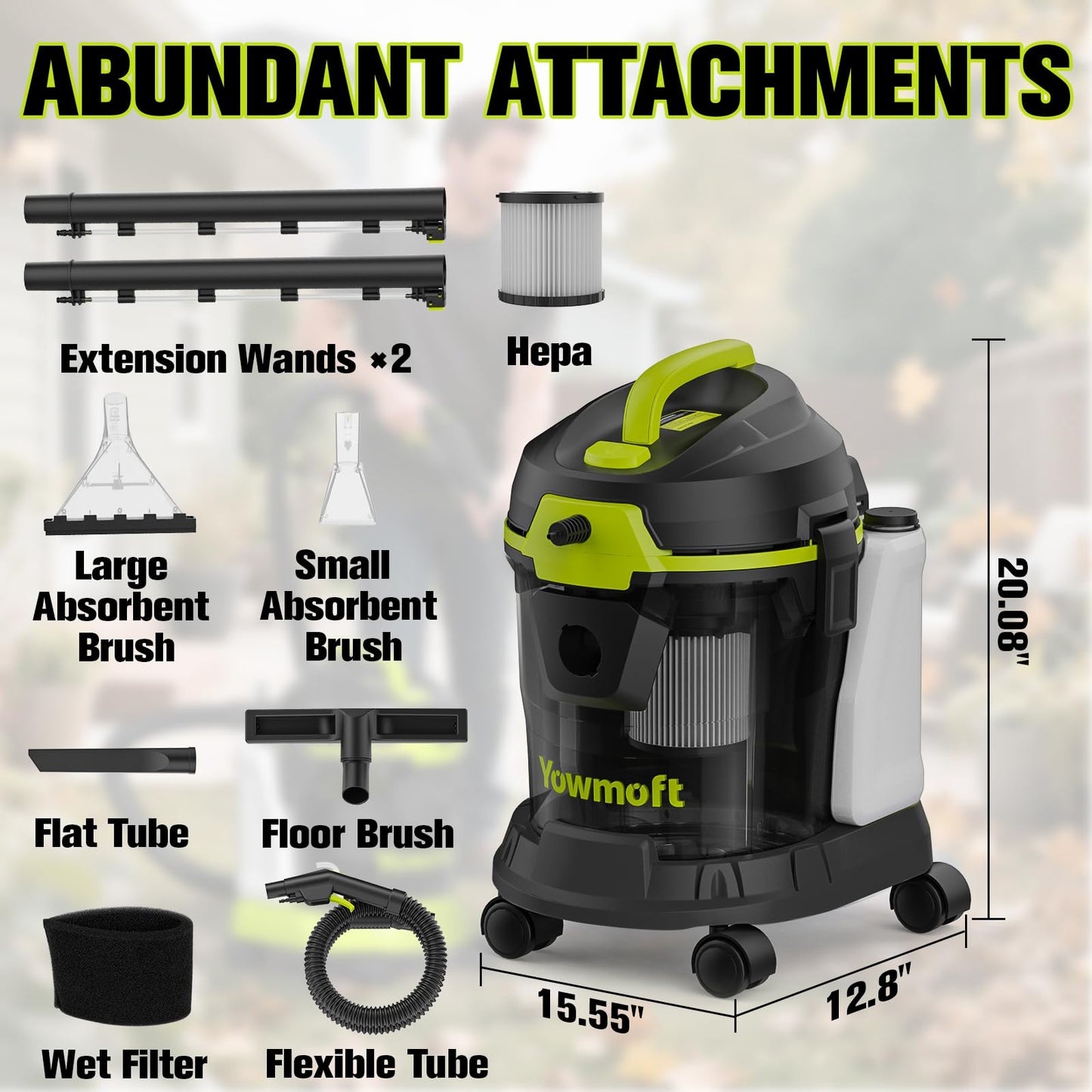 Yowmoft Extractor Vacuum Car Detailing, 4 Gallon Car shampooer Interior Cleaner, 5.5 Peak HP Wet Dry Upholstery Shampoo Vacuum Cleaner, 3 in 1 Carpet Extractor for Home/Shop (YDWM4-S)