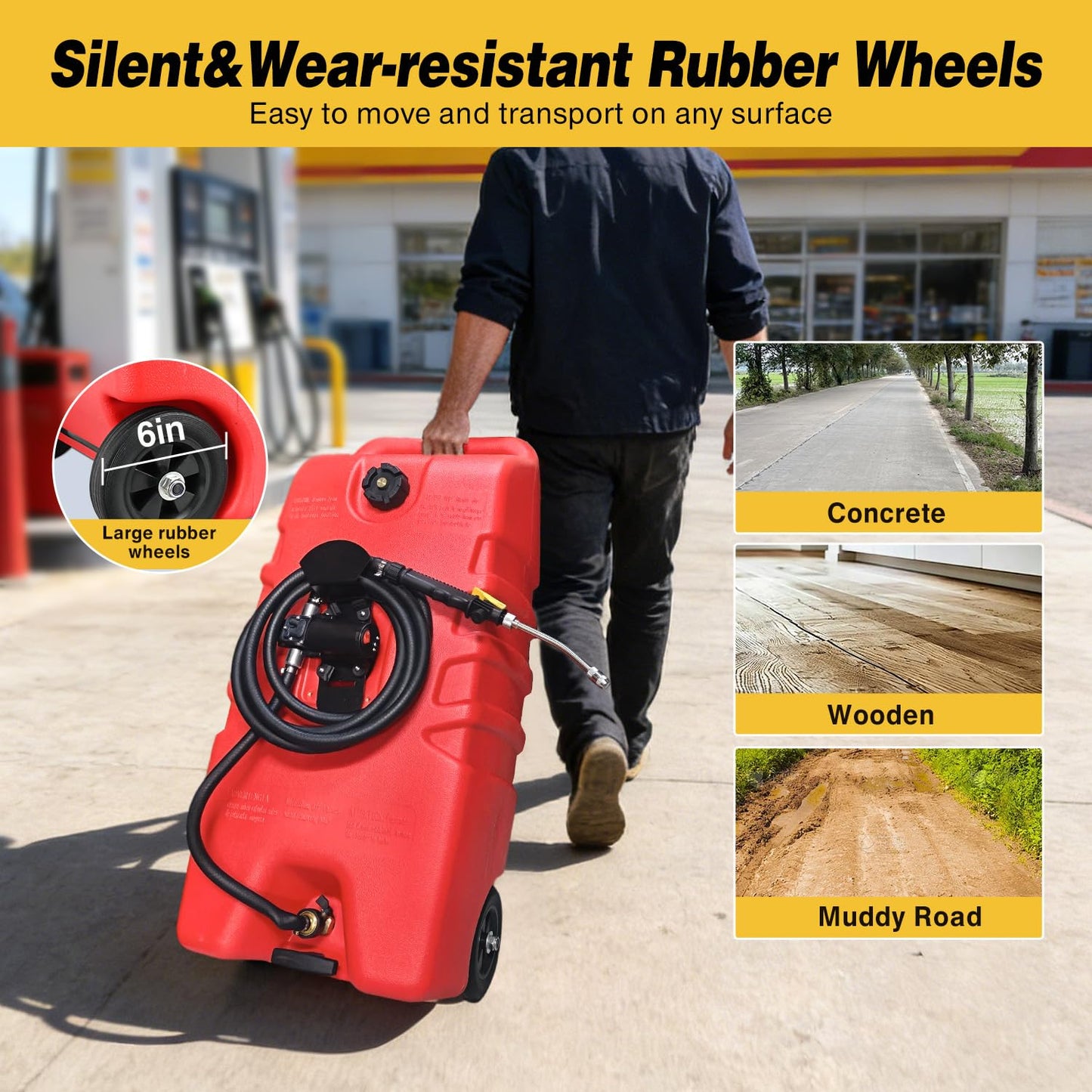 GOOACC 14 Gallon Fuel Caddy, Portable Fuel Transfer Tank with 12V DC Electric Pump, Heavy-Duty Empty Gasoline/Diesel Storage Container with Wheels and 10FT Hose for Motorcycles Boats Lawn Mowers, Red