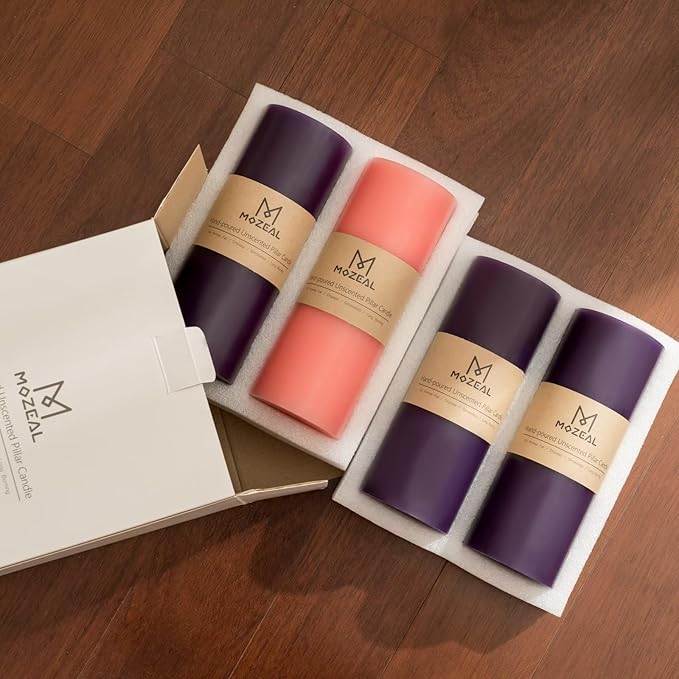 MOZEAL 3" x 6" Hand-Poured, Unscented Pillar Candles. Each Offers Approx 115 Hours of Clean, Long-Lasting Burn Time. Dripless Candles Set of 4, Ideal for Advent Wreath