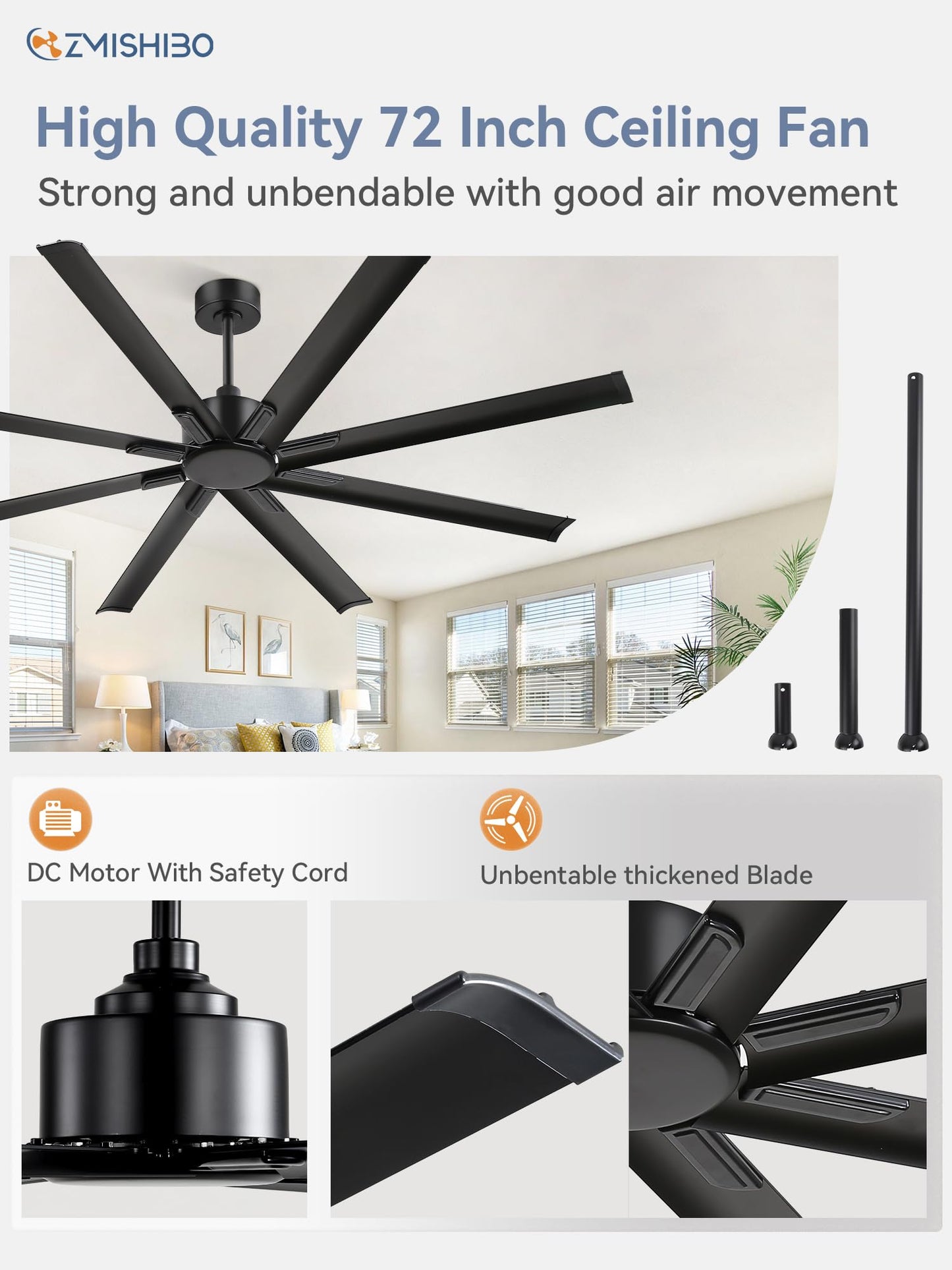 ZMISHIBO 72 Inch No Light, Large Industrial Ceiling Fan with 8 Aluminium Blades, Quiet DC Motor, 6 Speeds, Modern Ceiling Fan without Light for Garage/shop/living room,Black