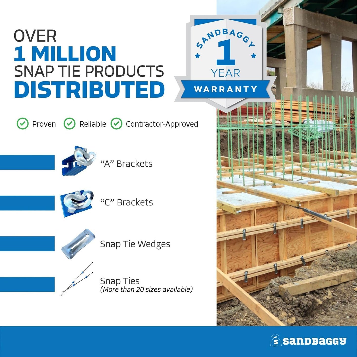 8" Standard Snap Ties for Concrete Forms - 1" Plastic Cones, Integral Heads - 2:1 Safety Factor, 2,250 lbs Working Load - 4 Gauge Steel (Short End - 4.75", 100) - 1 Year Warranty