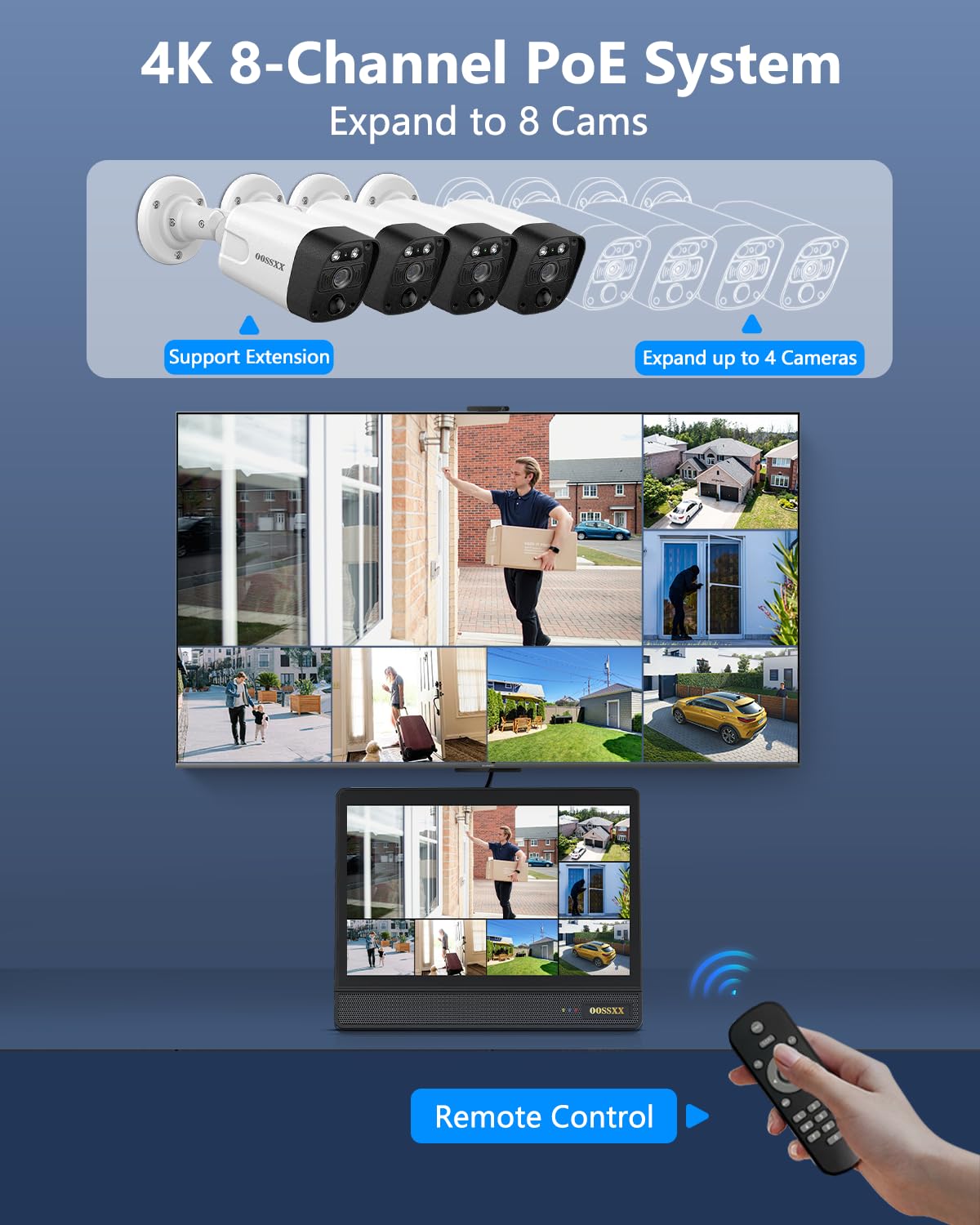 OOSSXX (2026 New) 4K PoE Security Camera System Outdoor, 8CH NVR with 10.2" IPS Monitor & 1TB HDD, 4 Cameras, 130° Wide Angle, AI Human Detection, Two-Way Audio, No Monthly Fee