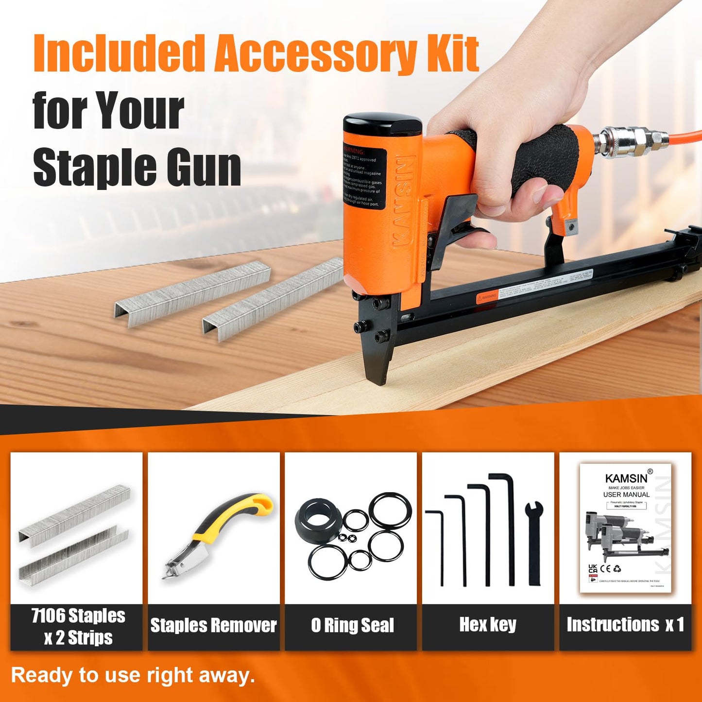 KNL7116S 22 Gauge Pneumatic Upholstery Stapler with Continuous Firing & Long Magazine, 3/8-Inch Crown, 1/4-Inch to 5/8-Inch Leg Length, Heavy Duty Fine Wire Stapler for Furniture and Fabric