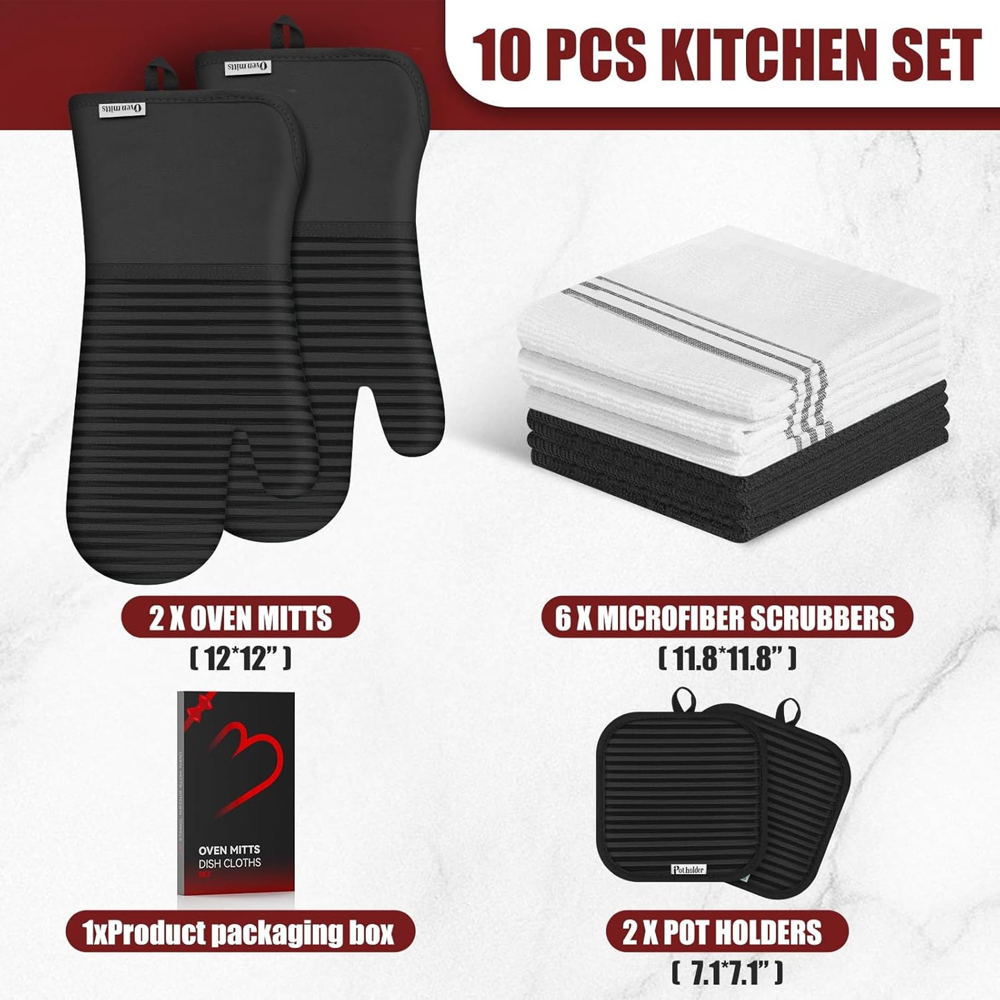 Skiennix Oven Mitts & Pot Holder Set - 500°F Heat Resistant Silicone Grip | 6 Pack Cotton Dish Towels - Black Kitchen Essentials