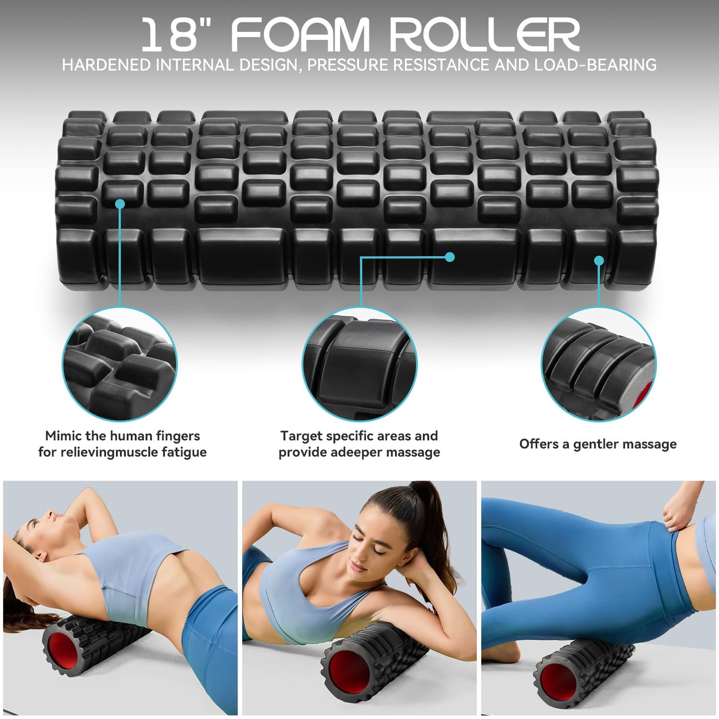 Krightlink 5-in-1 Foam Roller Set, Massage Roller Stick, Massage Ball, Resistance Band for Deep Muscle Massage, Trigger Point Release, Pilates, Yoga (Black-18(5 in 1))