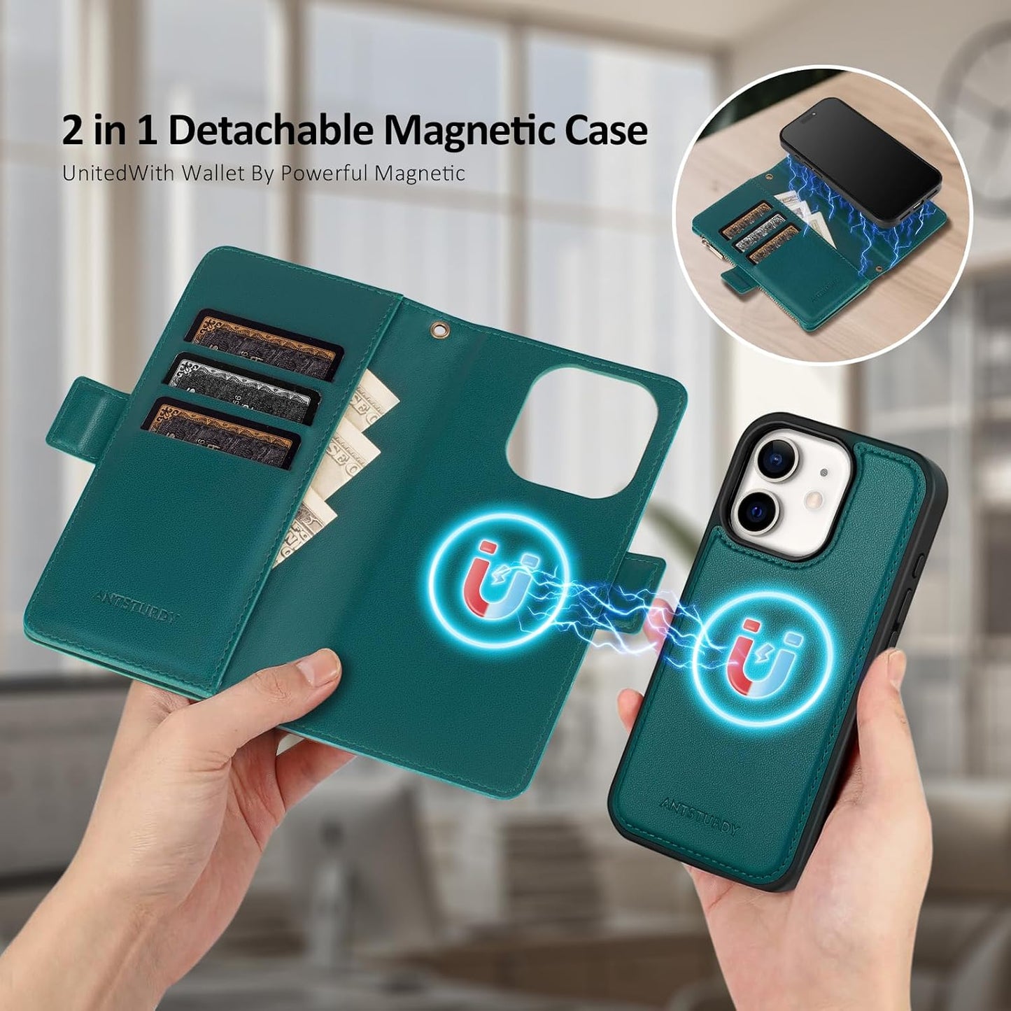 Antsturdy 2 1 11 Compatible with Magsafe Magnetic in Detachable iPhone Wallet Case with Credit Card Holder Slots,PU