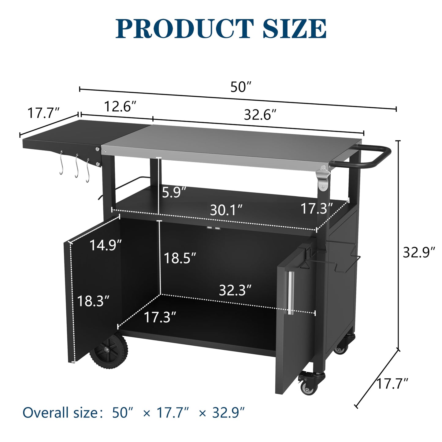 JY QAQA Outdoor Grill Cart with Storage,Patio Kitchen Island Outdoor Grill Table with Wheels,BBQ Cart Movable Pizza Oven Table Stand, Storage Cabinet, Foldable Tabletop, (Black)