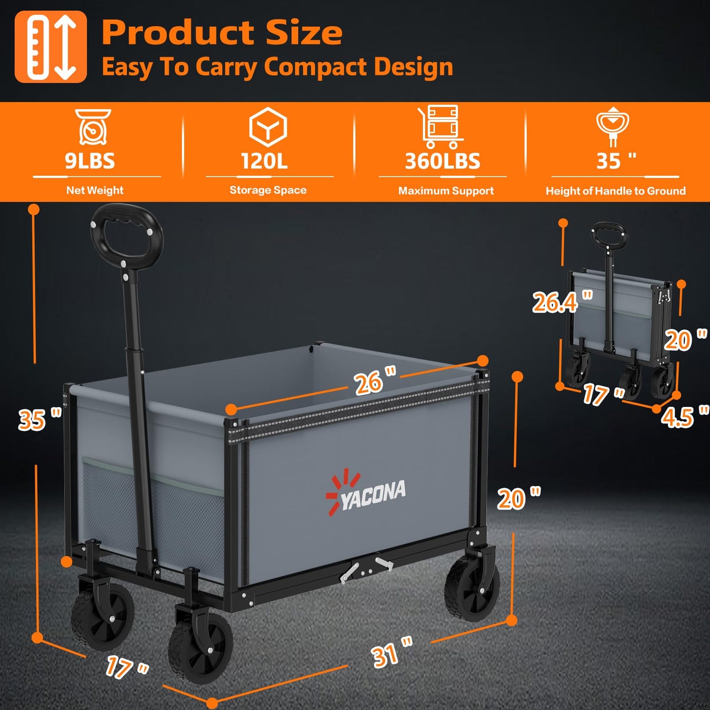 YACONA 3 in 1 Wagons Carts Foldable, 360LBS Lightweight Wagon with All Terrain Wheels, Collapsible Wagon Cart for Grocery, Camping, Beach, Garden & Sports