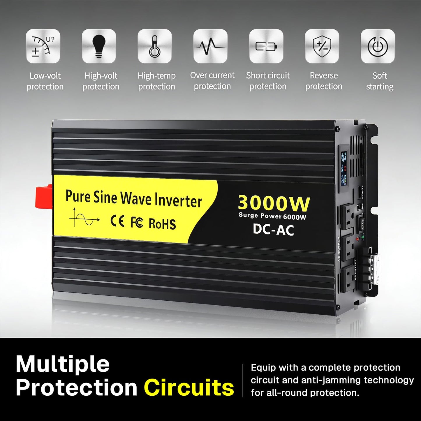 VOONKE 3000W Pure Sine Wave Inverter 12V DC to 120V AC,for Solar,for RV, Truck, Home, Camping,Power Inverter with Bluetooth APP Remote Control,LCD Display, 3 AC Outlets,USB Ports, Surge Power 6000W