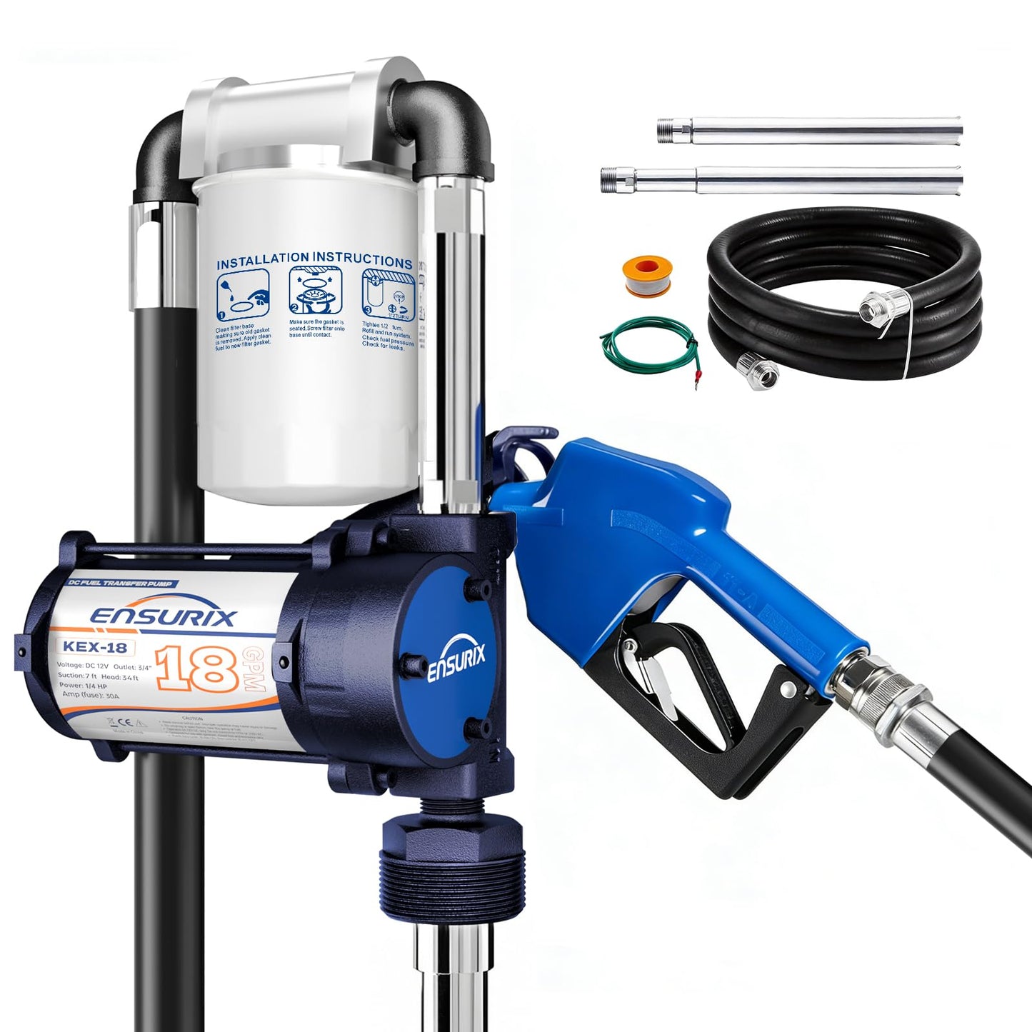 Ensurix 12V Fuel Transfer Pump Kit 18 GPM - Explosion-Proof Gas & Diesel Transfer Pump with Auto Shut-Off Nozzle & Filter - 12 Volt Heavy Duty Fuel Transfer Tank Pump for Tractors, Boats & Job Sites