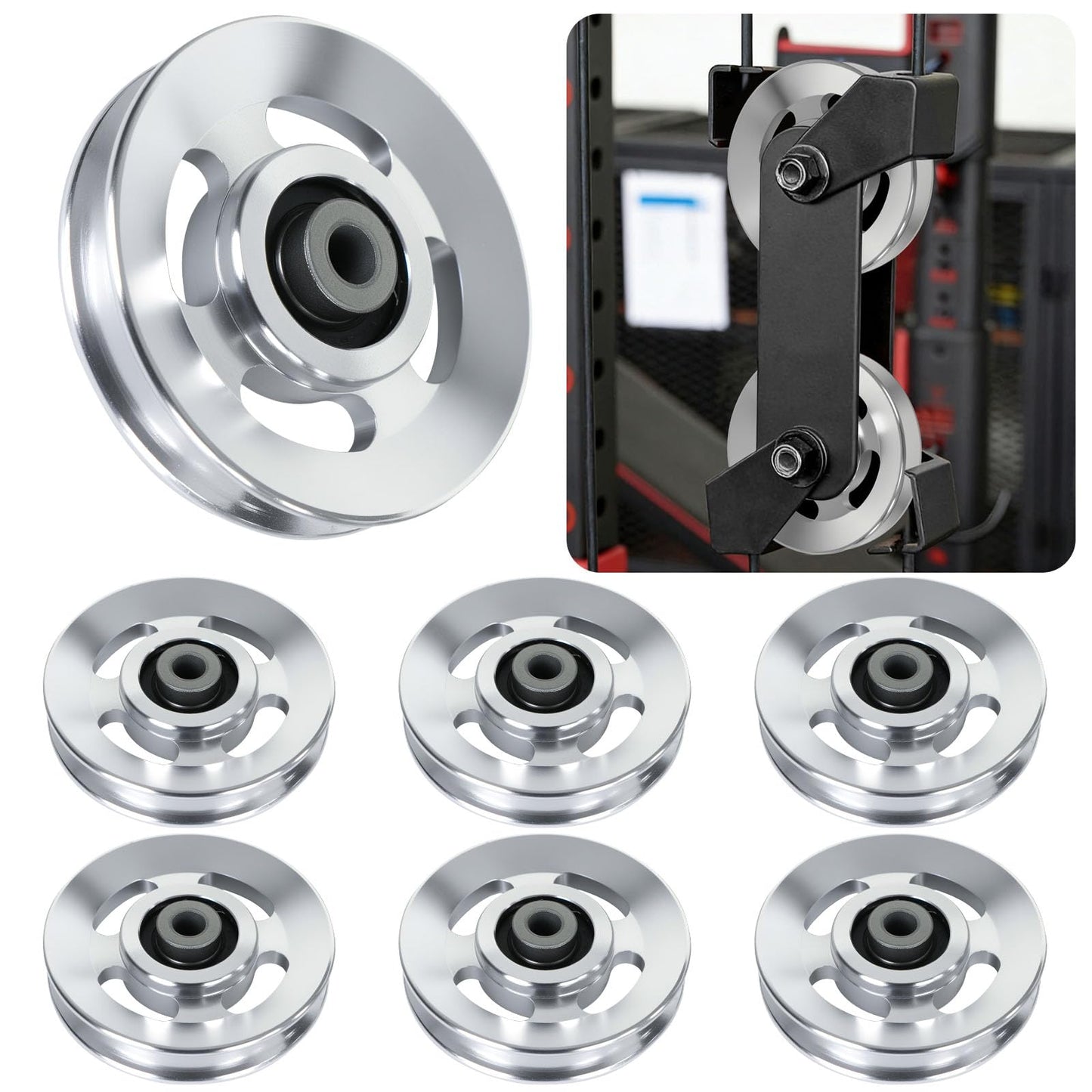 BESTEEL 6pcs 90mm Universal Aluminum Pulley Wheel for Gym Equipment, Silent Cable Machine Replacement Part,Heavy Duty Undeformable Fitness Aluminum Alloy Bearing Gym Pulley Wheel for Home Gym (Silver)