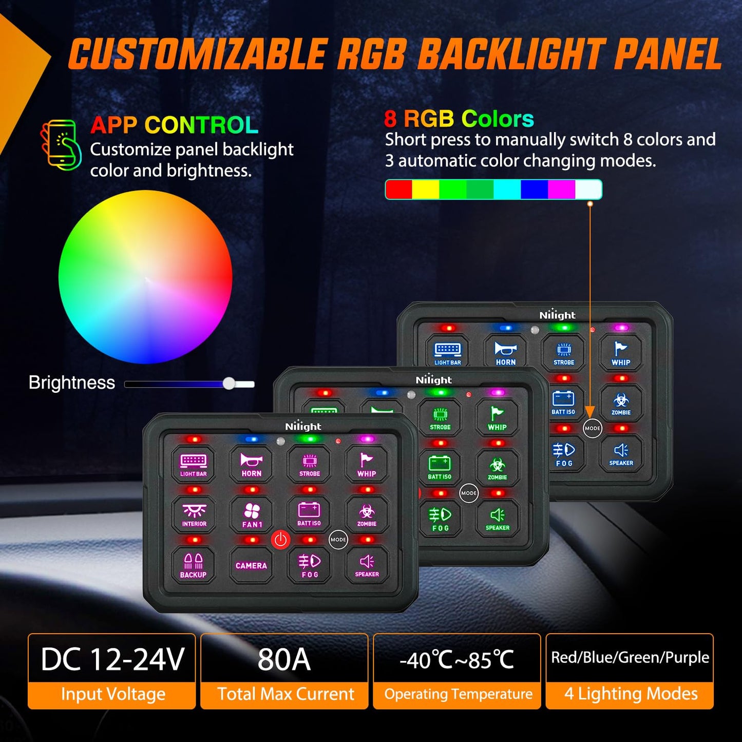 Nilight 12 Gang Switch Panel Circuit Control Relay System APP RGB Backlight Fuse Wiring Harness Toggle Momentary Strobe Flash Modes Automatic Dimmable 12V 24V for Car Truck Camper SUV
