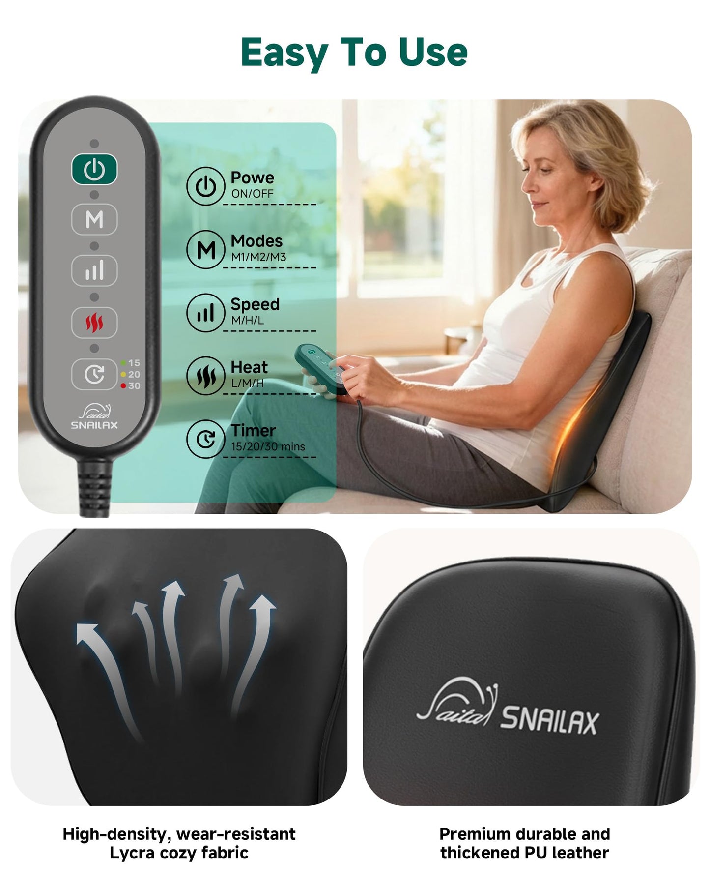 Snailax Shiatsu Back Massager with Heat, Neck Shoulder Massager for Pain Relief Deep Tissue, 4D Kneading Back Massage Pillow, 3 Speed/3 Modes Portable for Home Office Car Use