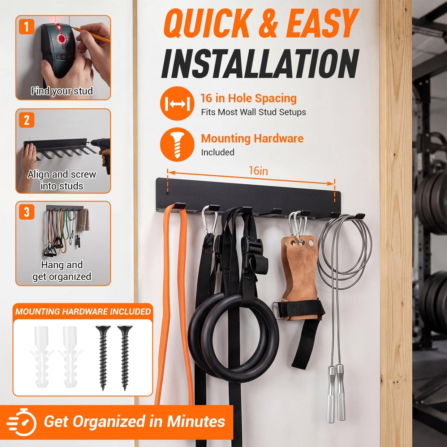 Chumia Gym Rack Organizer Wall Mounted Heavy Duty Fitness Equipment Storage Rack for Resistance Bands, Jump Ropes, Lifting Belts, Barbell, Space Saving Garage Home Gym Exercise Accessories Hanger