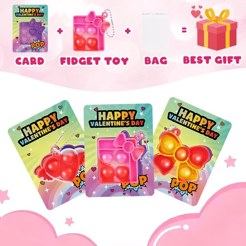 Amy&Benton 32 Pcs Mini Pop Bubble Fidget Toys, 8 Design Pop Squeeze Fidget Keychain Toys with Gifts Cards for Party Favors, Goodie Bag Stuffers Gifts for Kids School Classroom Exchange Game Prizes