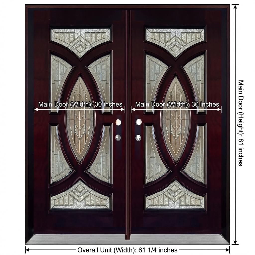 BGW Doors - Exterior Wood Door with Decorative Glass Pre-Hung Pre-Finished Double Entry Door M705- Righthand Swing 61 1/" X 81 "X 5 1/4"
