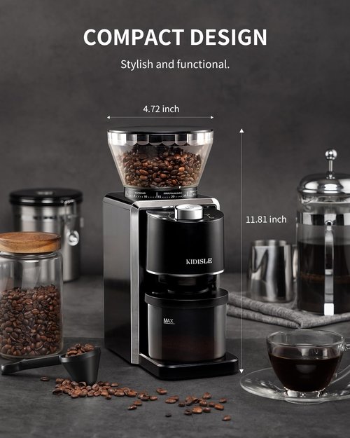 KIDISLE Conical Burr Coffee Grinder, Electric Coffee Bean Grinder for Precise Grinding, 35 Settings, 2–12 Cup Selector, Anti-Static Design for Home Use, Black