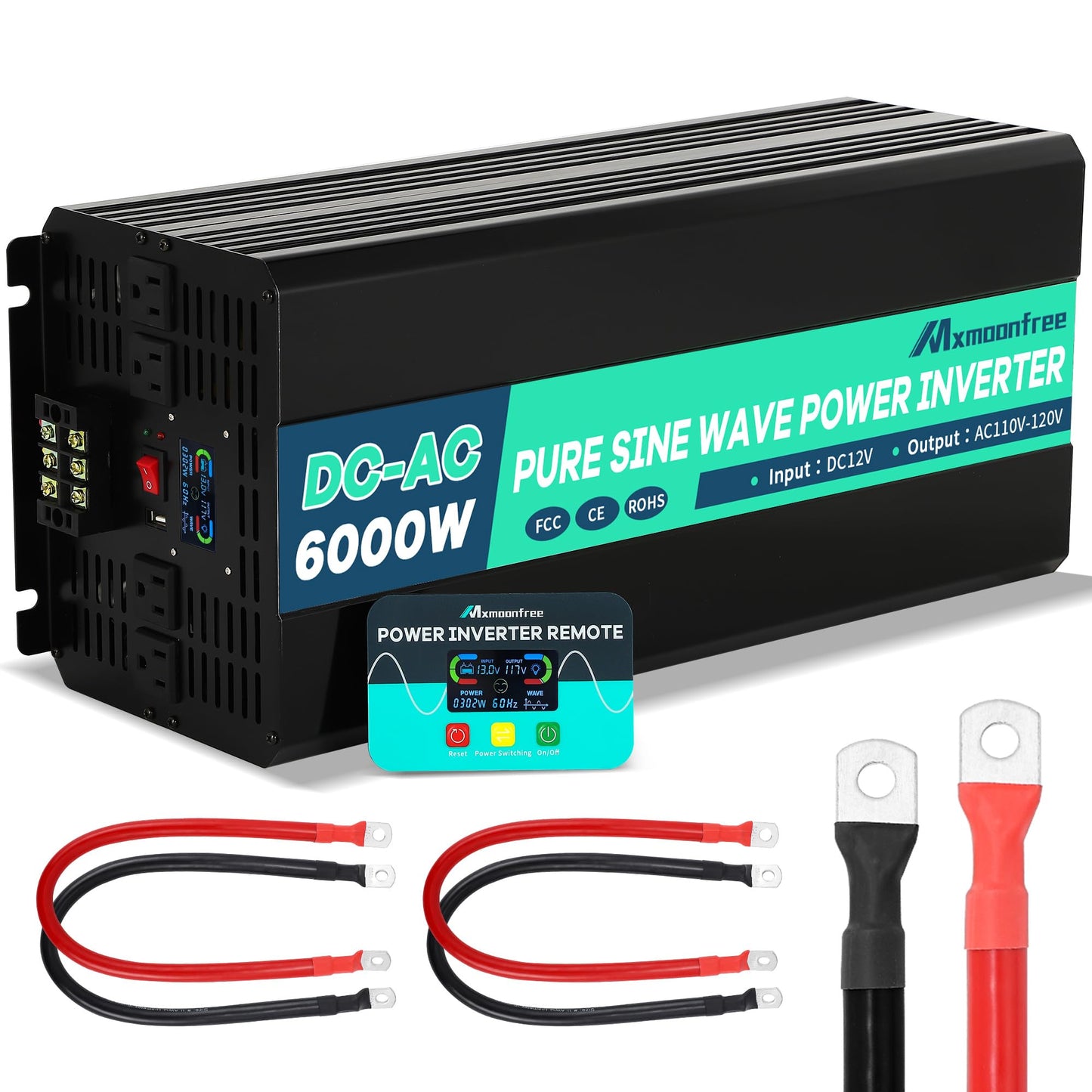 Mxmoonfree 6000W Pure Sine Wave Inverter 12V DC to 110V AC with Wireless Remote Control LCD Display 4 AC Outlets, 1 USB and Terminal Blocks for RV Truck Cabin Off Grid