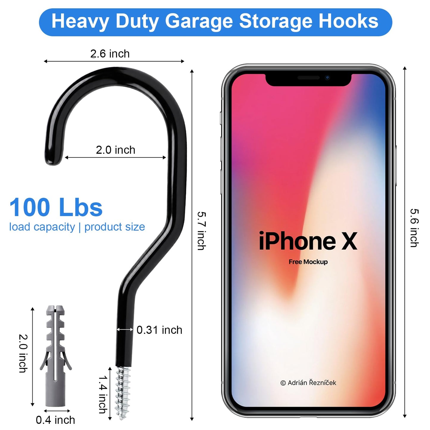 Garage Hooks Heavy Duty, Bike Hooks for Garage Wall Ceiling Mount, 100lbs Capacity Carbon Steel Bicycle Hangers with Anchors, Wide Opening Utility Storage Hooks for Mountain Road Bike Ladder 2 Pack