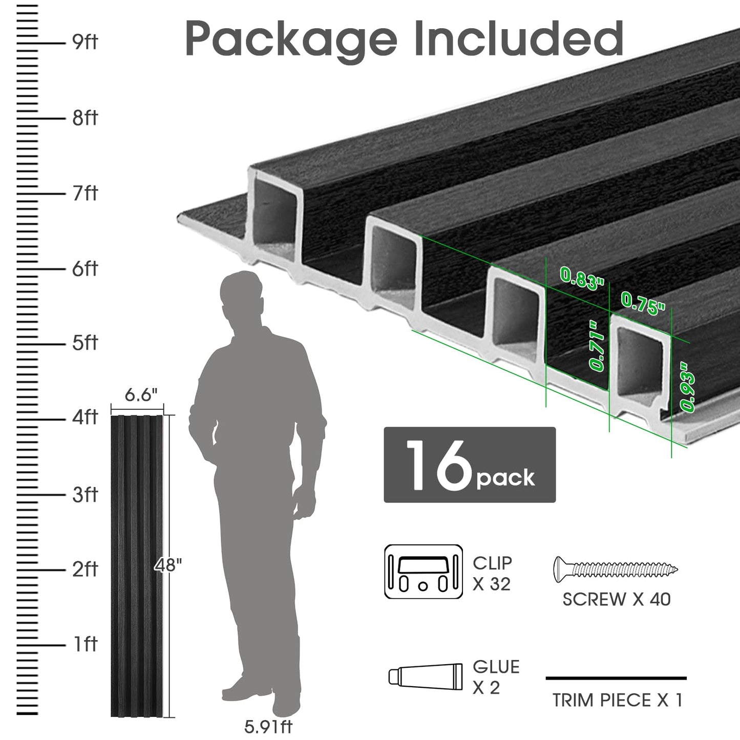 LARWORKS WPC Slat Wall Panels 16 Pack 48" x 6.6", Waterproof Fluted Wall Paneling, Accent 3D Wall Panel for Wall Decor, Bathroom, Bedroom, Office - High Grille Black (Cover Approx.35 sq.ft)
