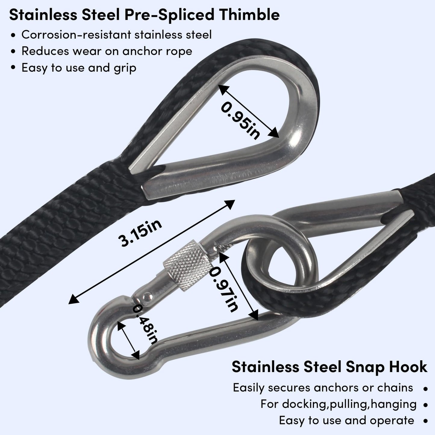 Anchor Rope 3/8in x 50FT,Premium Solid MFP Braided Anchor Ropes Anchor Line,Boat Anchor Rope with Stainless Steel Thimble & Snap Hook,Marine Rope for Anchors and Boats (Black)